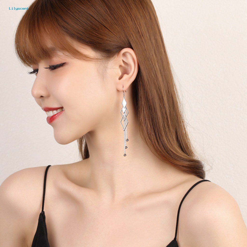 Lilyscent 1pasang Warna Solid Wanita Anting Perhiasan Aksesori Temperamen Belah Ketupat Panjang Rumbai Kait Anting Anti-Alergi