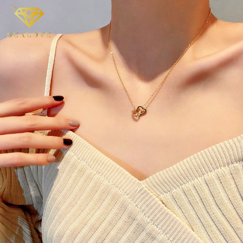 Hati Berlian Mewah Kalung Titanium Wanita Anti Karat Emas 18K Perhiasan Wanita Fashion Korea