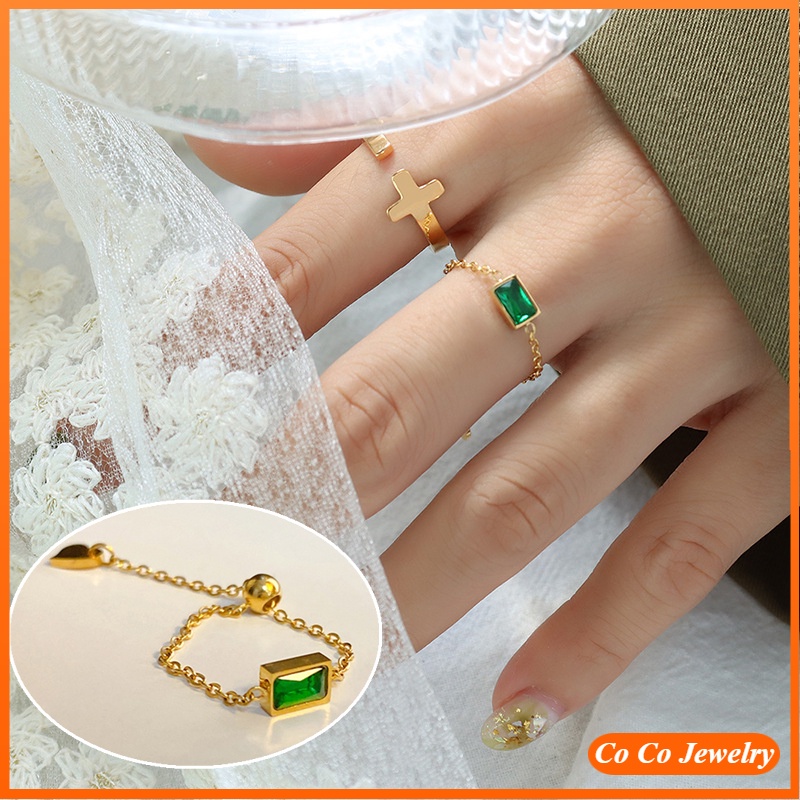 Cincin Tarik Rantai Berlian Hijau Emas 18K Untuk Wanita Fashion Jari Telunjuk Rings