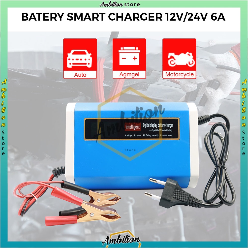 [Bisa Bayar Ditempat] Charger Aki Mobil Motor Lead Acid 12-24V 10A with LCD - UD21 - Blue