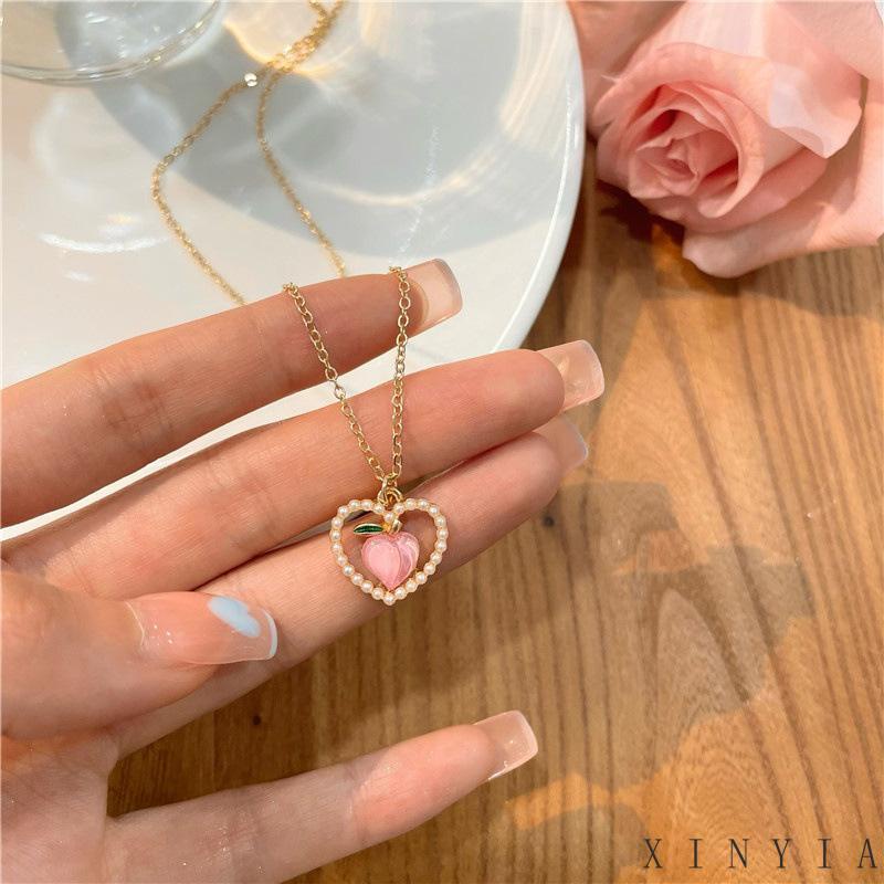 【Bayar di tempat】Gelang Tangan Rantai Wanita Desain Hati Hollow Hias Mutiara Warna Pink Peach Gaya Korea