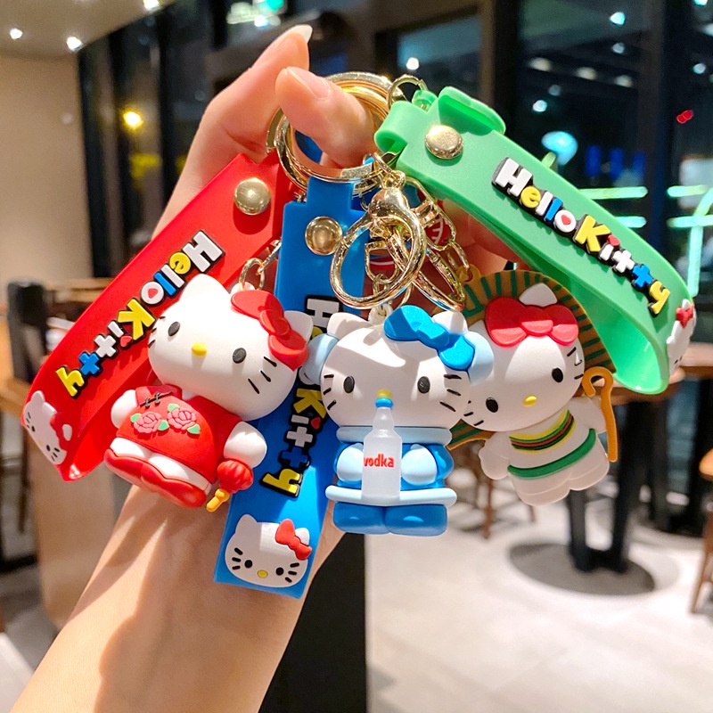 3d Kartun Lucu Exoticism Outfit KT Kitten Cat Universal Gantungan Kunci Tali Anti Hilang Mobil Rumah Gantungan Kunci Tas Telepon Case Bluetooth Earphone Cover Charms Liontin Hadiah