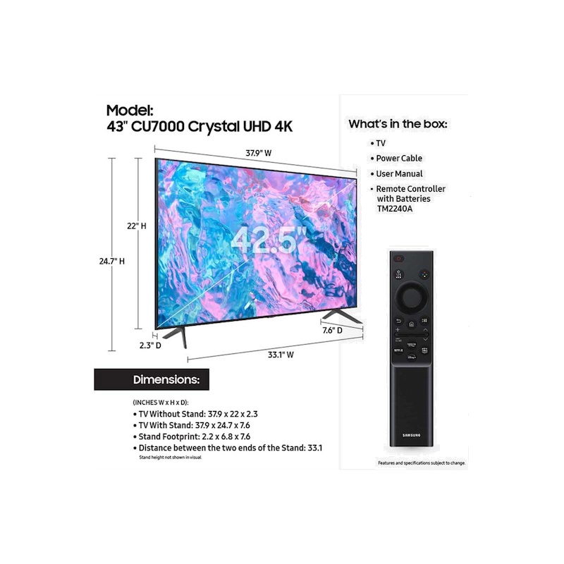 Samsung 43CU7000 Crystal 4K UHD SMART TV 43 Inch UA43CU7000KXXD Free Pack Kayu