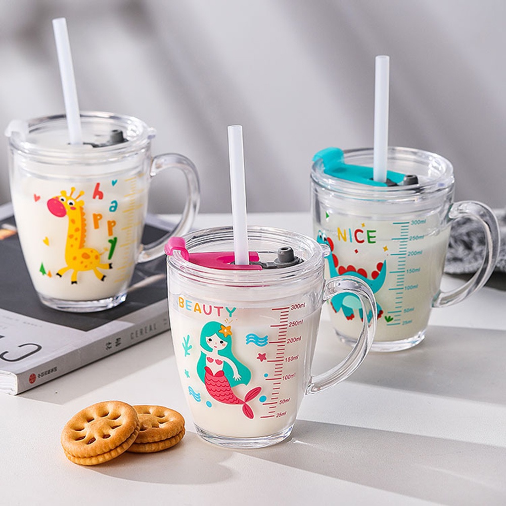 Mug Peralatan Minum 300ml Motif Hewan Lucu Transparan Jus Gelas Kopi Susu Dengan Pegangan Dan Tutup