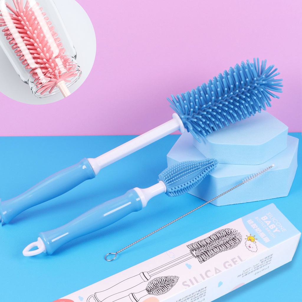 Sikat Botol Susu Silikon Gagang Rotasi 360derajat Cup Brush Kepala Lembut Food Grade Nipple Dropper Brushes Set Pembersih Dot Botol Bayi