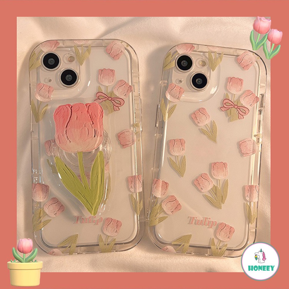 IPHONE Pink Lukisan Minyak Tulip Dengan Braket Tulip Pink Casing Ponsel Untuk Iphone14 13 12 11 Pro Max14 Plus TPU Shockproof Case Cover