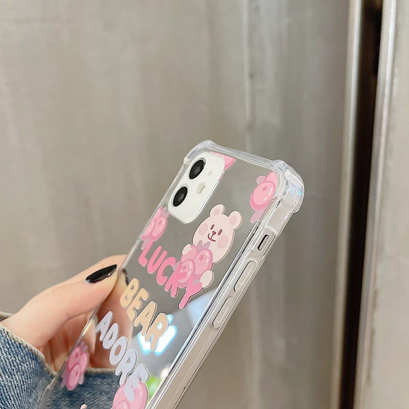 [Anti Jatuh Cermin] Pretty Silver Makeup Silikon Soft Case IPhone 6S 7 8 Plus X XR XS Max IPhone 11 12 13 14 Pro Max 14 Plus 7+8+12 13 Mini Wanita Cewek Lucu Tomat Blueberry Bear