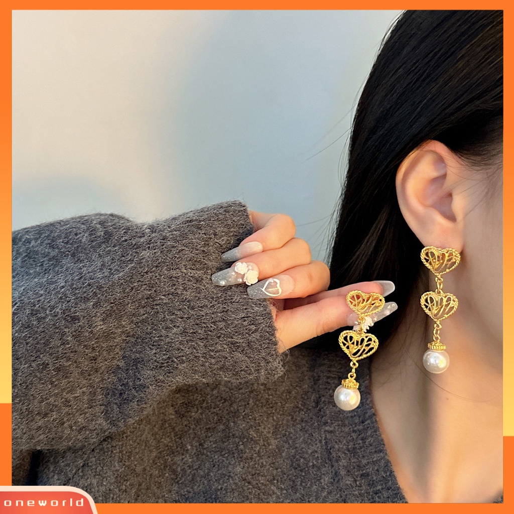 [EONE] 1pasang Drop Earrings Electroplating Berlebihan Liontin Geometris Menawan Dress Up Hypoallergenic Hati Emas Faux Pearl Earrings Fashion Perhiasan