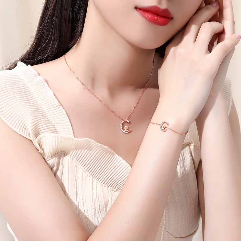 Zodiak Kelinci Kalung Sterling Silver Rose Gold ins Rantai Klavikula Nasional Trendi Benming Tahun Liontin Bintang Bulan Kalung