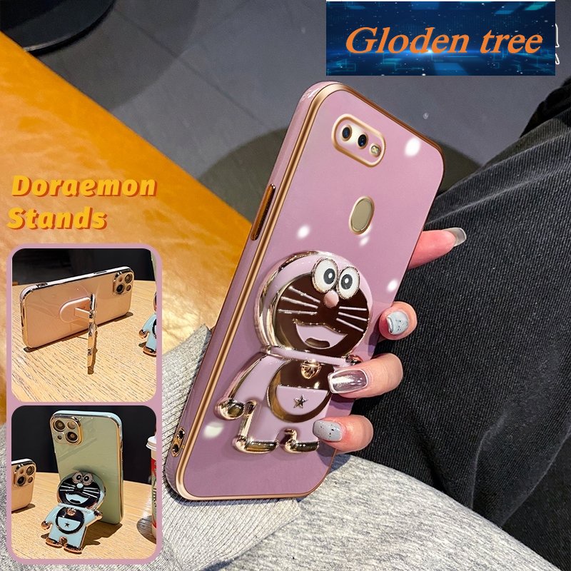 Gloden tree Casing Untuk OPPO A12 A12s A7 A5s A11k Case Fashion Kartun Doraemon Lipat Stand Phone Case Electroplating Shockproof Phone Holder Case