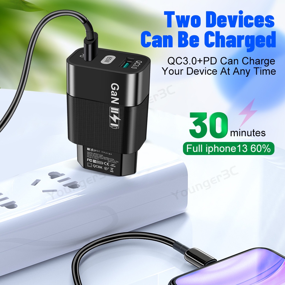 65w GaN PD Fast Charging Charger Handphone QC3.0+PD Gallium Nitride Power Adapter Untuk ios Micro Tipe C