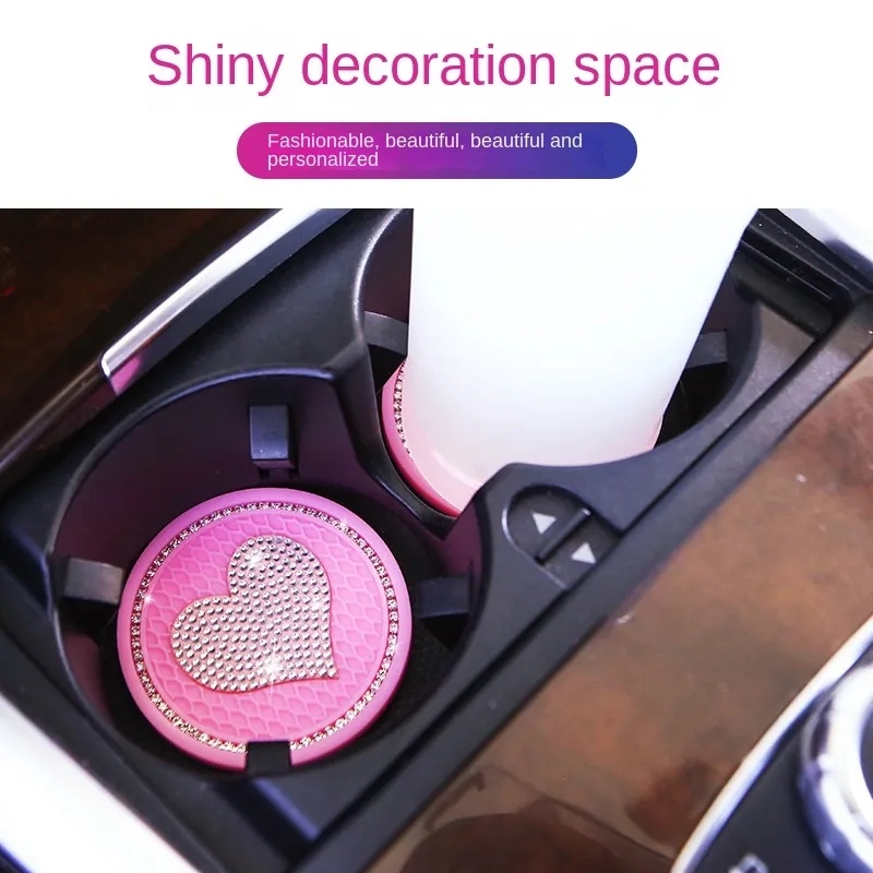 Creative Heart Rhinestone Inlay PVC Car Round Coaster/Otomotif Honeycomb Anti-slip Cup Pad/Alas Botol Minum Interior Kendaraan Universal