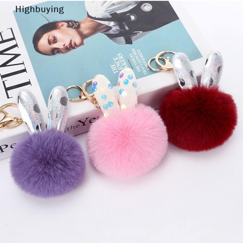 Hbid Telinga Kelinci Lucu Kreatif Bola Mewah Tas Gantungan Kunci Aksesoris Gantungan Kunci Pompom Key Ring Wanita Gaya DIY Handmade Perhiasan Hadiah Glory