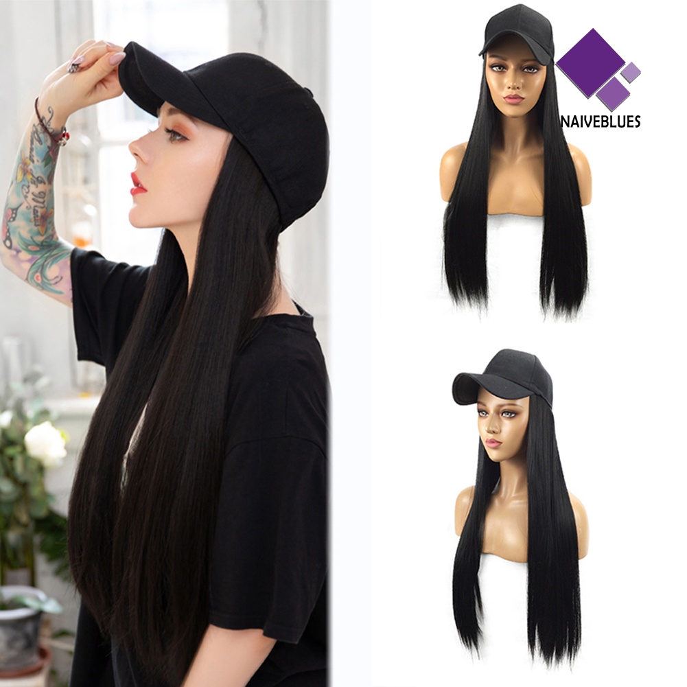 &lt; Naiveblues &gt; Rambut Sintetis Wanita 2in1 Lurus Panjang Dengan Topi Hairpiece Pesta