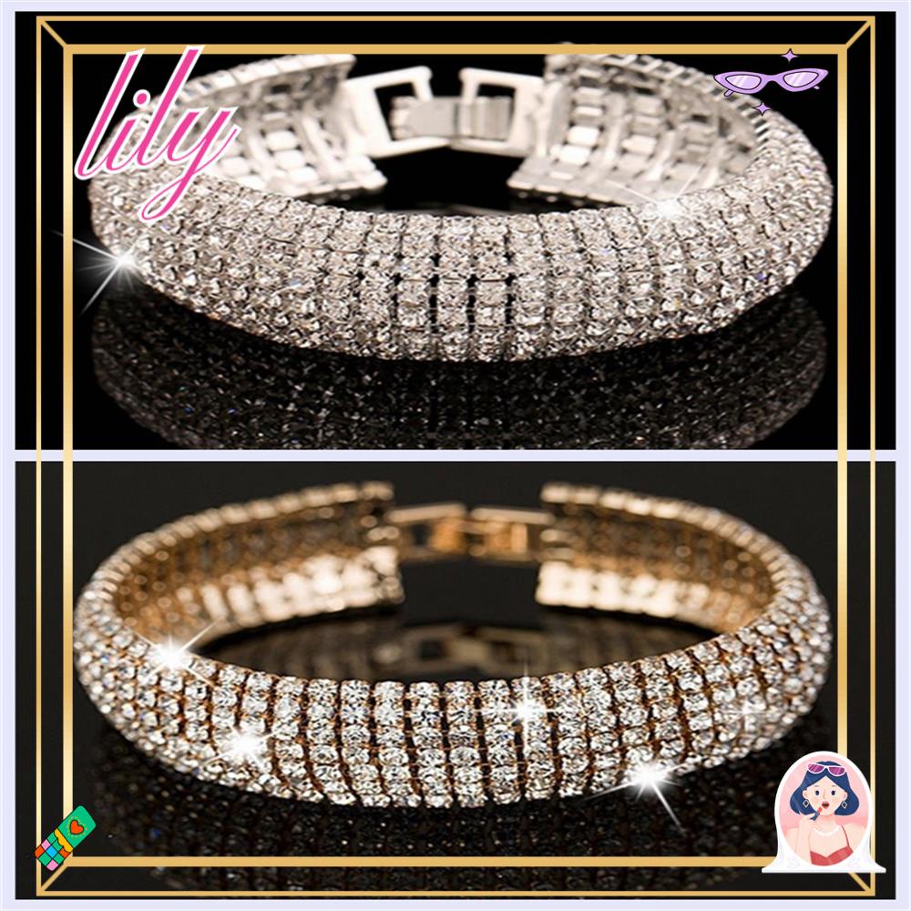 Lily 7baris Kristal Gelang Pesta Pernikahan Wanita Berlian Imitasi Gadis Cuff Bangle