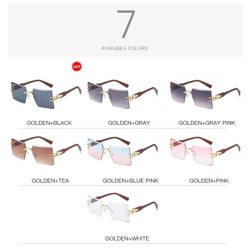 (YUZHU) Bingkai Persegi Serat Kayu Ltemple Kacamata Hitam Untuk Wanita Punk Fashion Metal Rimless Gradient Sunglasses