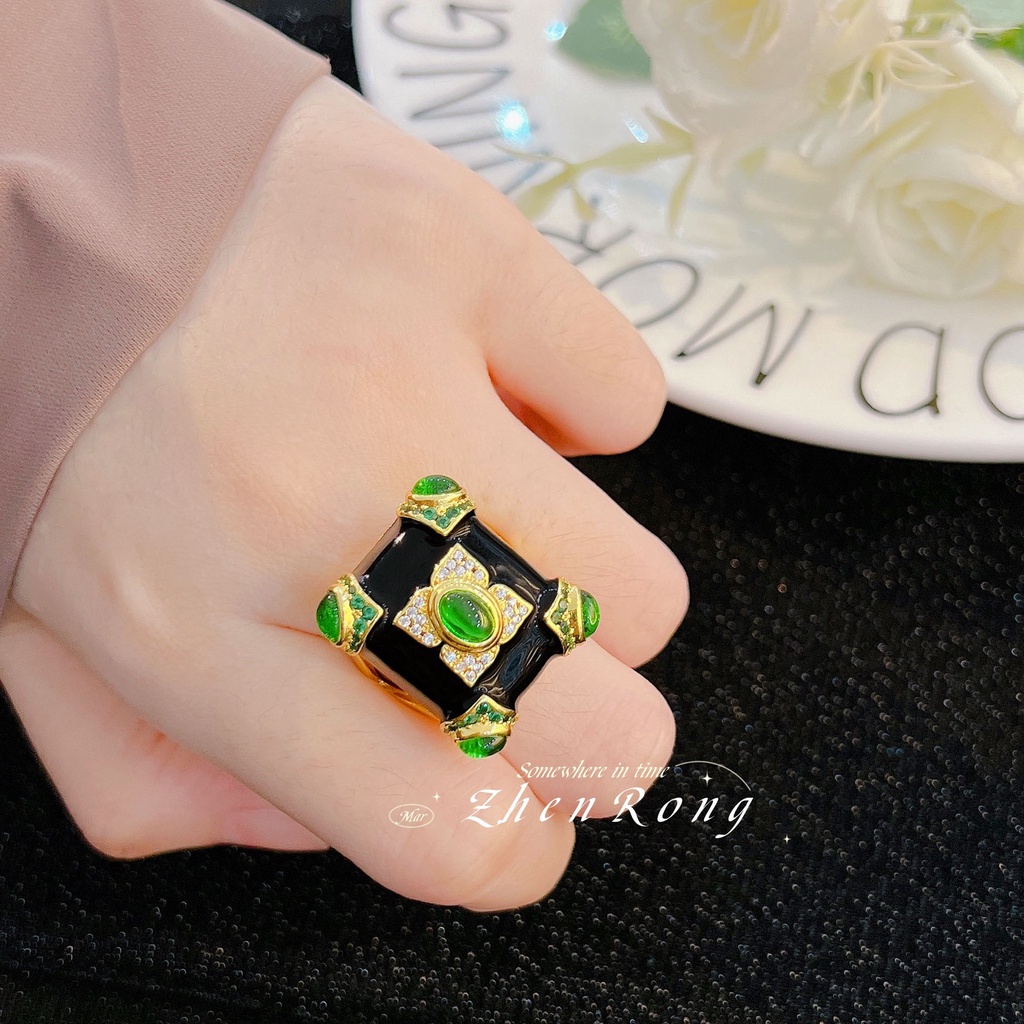 Goldkingdom Fashion Perhiasan Aksesoris Ready Stock Vintage Nenek Zamrud Cincin Berlapis Emas 18k Enamel Glasir Batu Akik Hitam Cincin Wanita