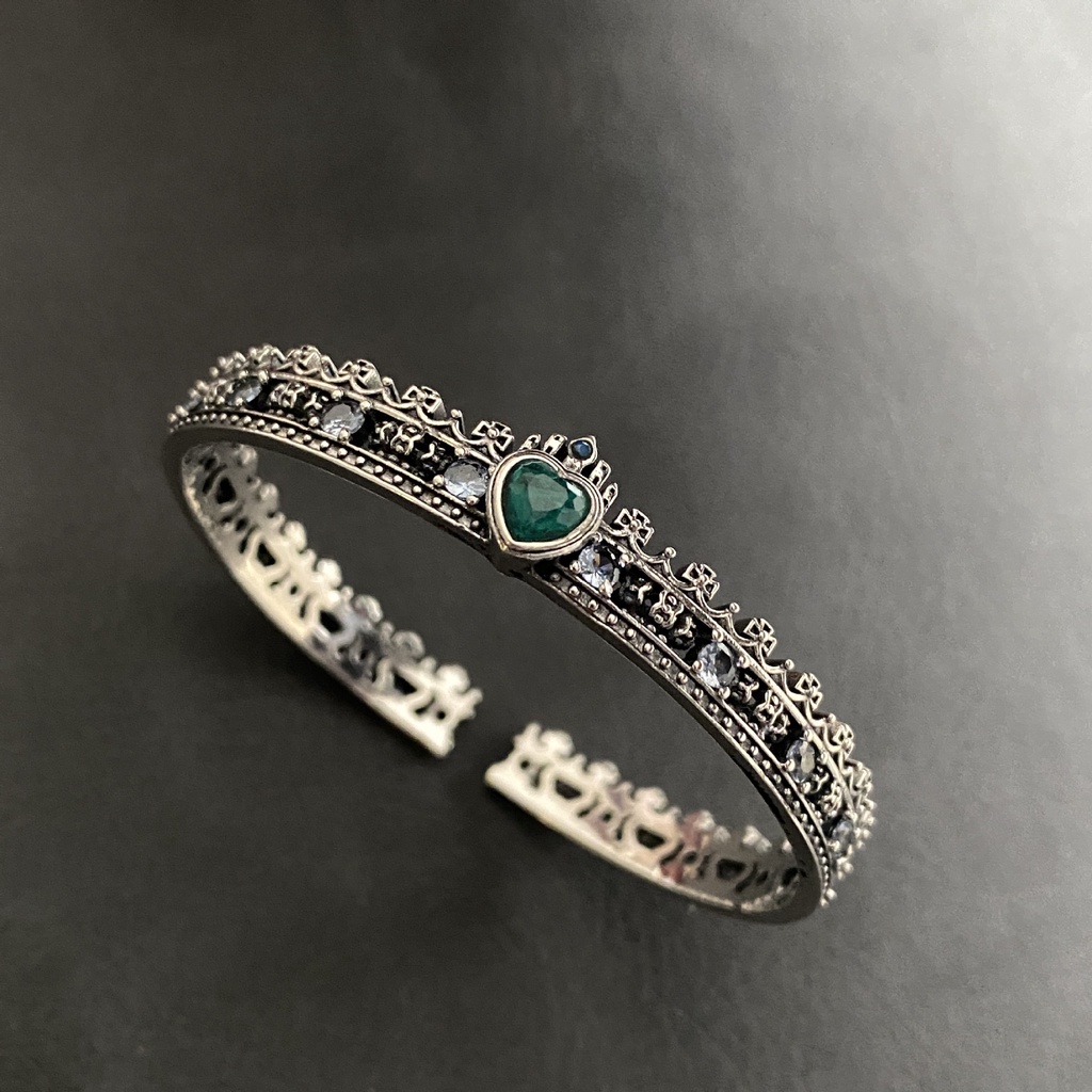 Goldkingdom Fashion Perhiasan Aksesoris Ready Stock Retro Thai Perak Buatan Tua Warna-Warni Zirkon Salib Mahkota Cinta Wanita Ringan Mewah Gelang