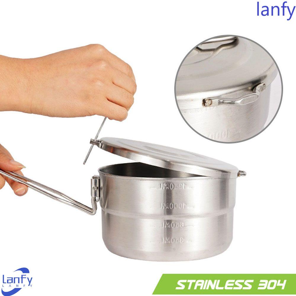 Lanfy Panci Camping Portable Hiking Stainless Steel Mangkuk Peralatan Masak Piknik Camping Rice Bowl with Handle Panci Stainless Steel