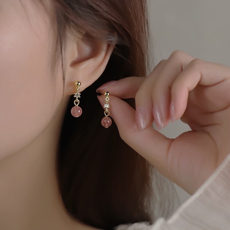 Sederhana Indah Merah Muda Kristal Manik Berlian Wanita Fashion Perhiasan Emas Baja Titanium Drop Earrings Stud