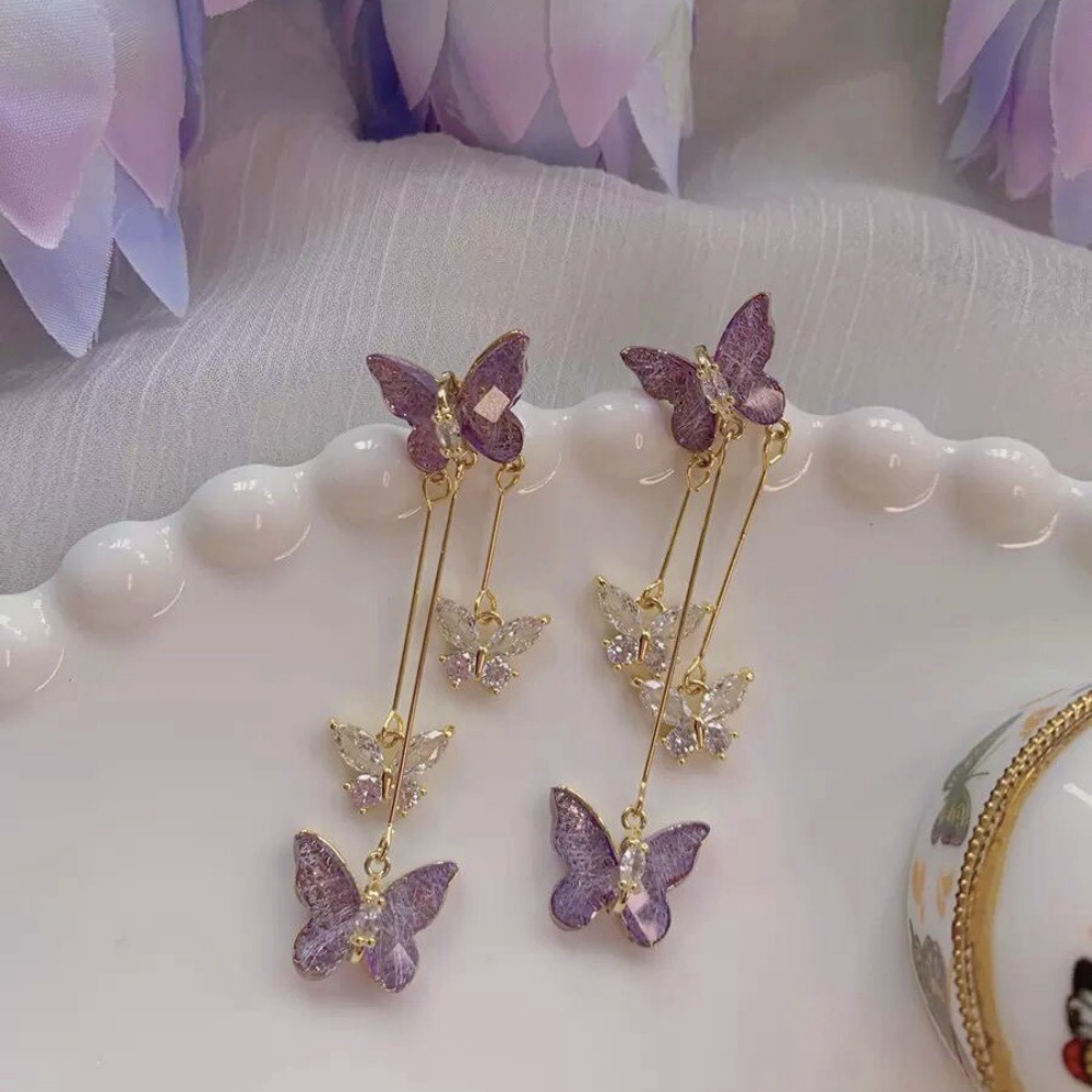 Deartiara Anting Rumbai Kupu-Kupu Kristal Ungu Dengan Desain Unik, Anting Indah, Anting Lembut Dan Premium