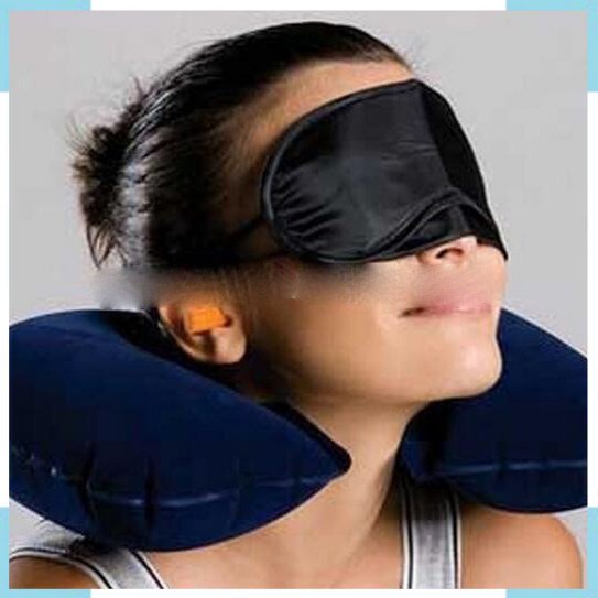 12321 Bantal Leher Inflatable dengan Masker Mata & Earplug - Navy Blue 12321