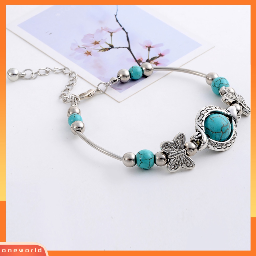 [EONE] Kupu-kupu Dekorasi Adjustable Unisex Gelang Alloy Handmade Turquoises Beads Retro Gelang Perhiasan Aksesoris