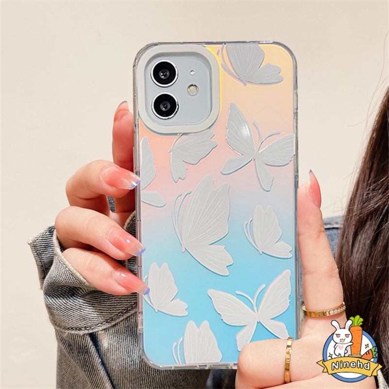 Kualitas Tinggi Laser IPhone Case Kompatibel Untuk Iphone14 13 12 11 Pro Max X Xr Xs Max 8 7 6 Plus SE 2020 Putih Kupu-Kupu Double-layer Printing Phone Case Shockproof Soft TPU Cover