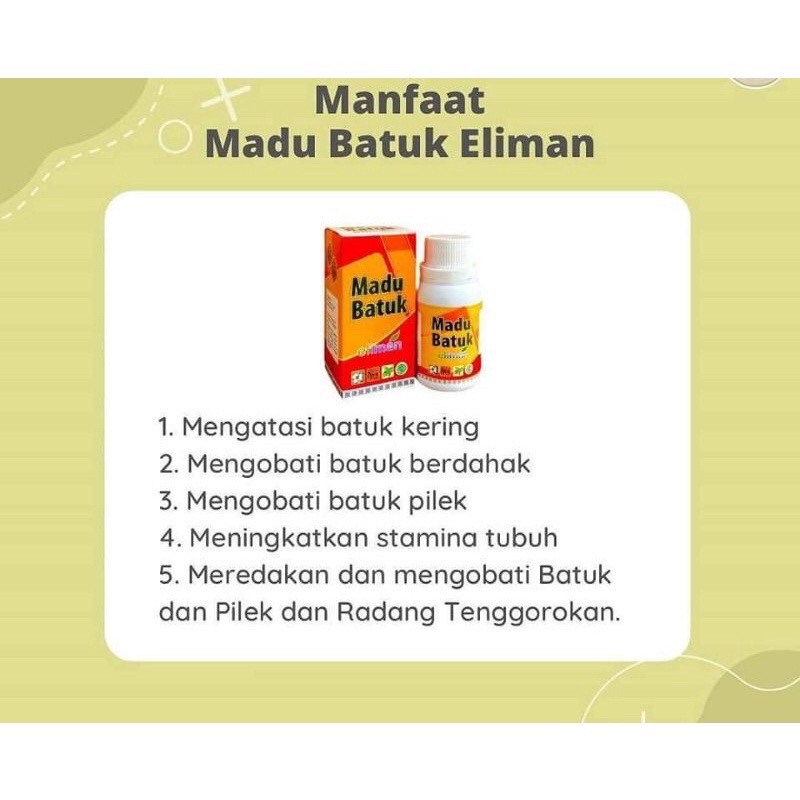

MADU BATUK ELIMAN 165GRAM Membantu mengatasi batuk kering/berdahak Pilek dan radang tenggorokan