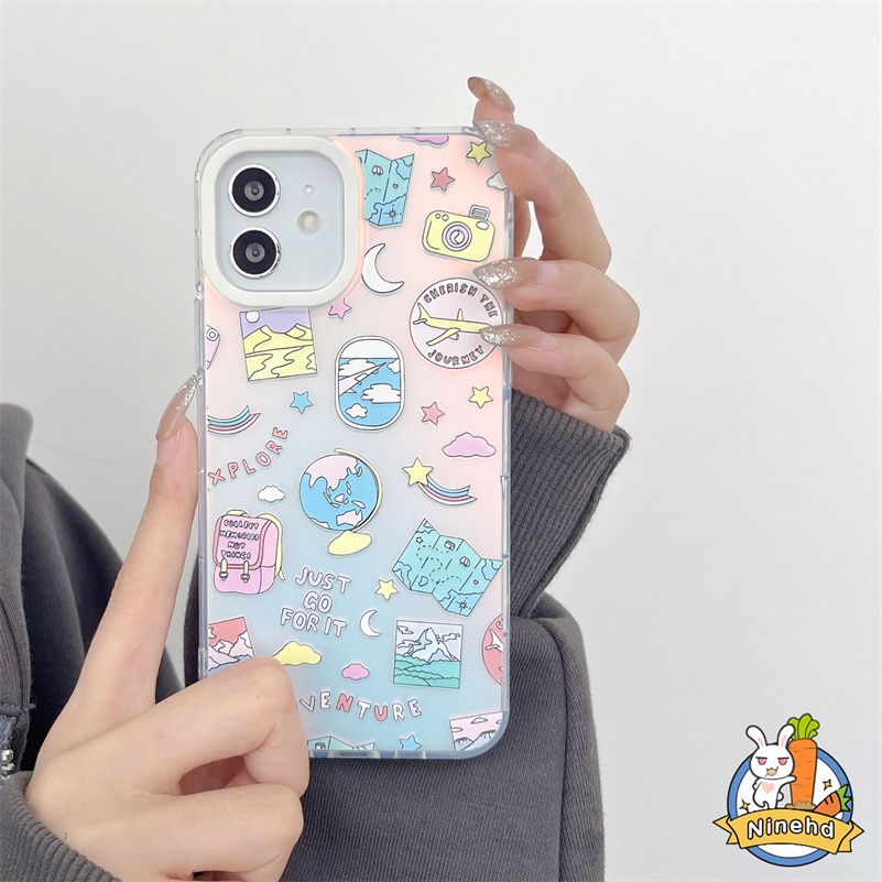 IPHONE Casing Kompatibel Untuk Iphone14 13 12 11 Pro Max X Xr Xs Max8 7 Plus SE 2020 Ins Kartun Graffiti Gaya Eropa Amerika Casing Ponsel Matte Laser Bening Shockproof Cover Pelindung