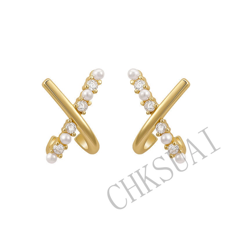 S925 Perak Jarum Anting Perempuan Versi Korea Mutiara Berlian Imitasi X-Berbentuk Salib Desain Anting Retro Earrings