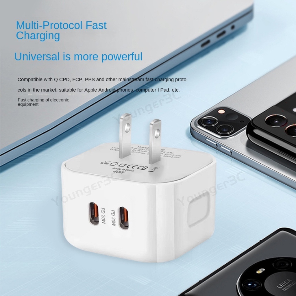 40w PD Dual Line Fast Charging Charger Handphone Tipe C PD Dual Port Flash Charging Travel Adapter Untuk ios Android Tipe C