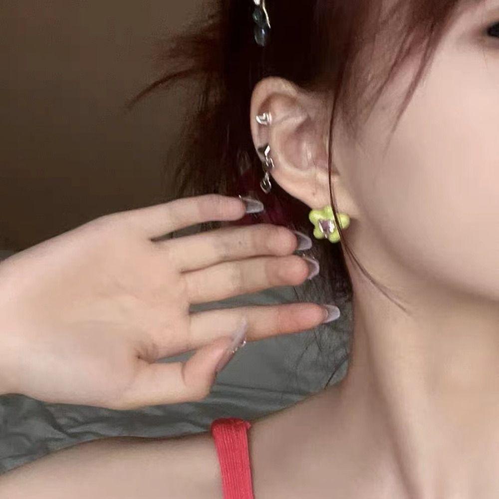 Mxbeauty Korea Anting Hati Hadiah Trendi Vintage Y2K Elegan Berlian Imitasi Glasir Sederhana Anting Bunga