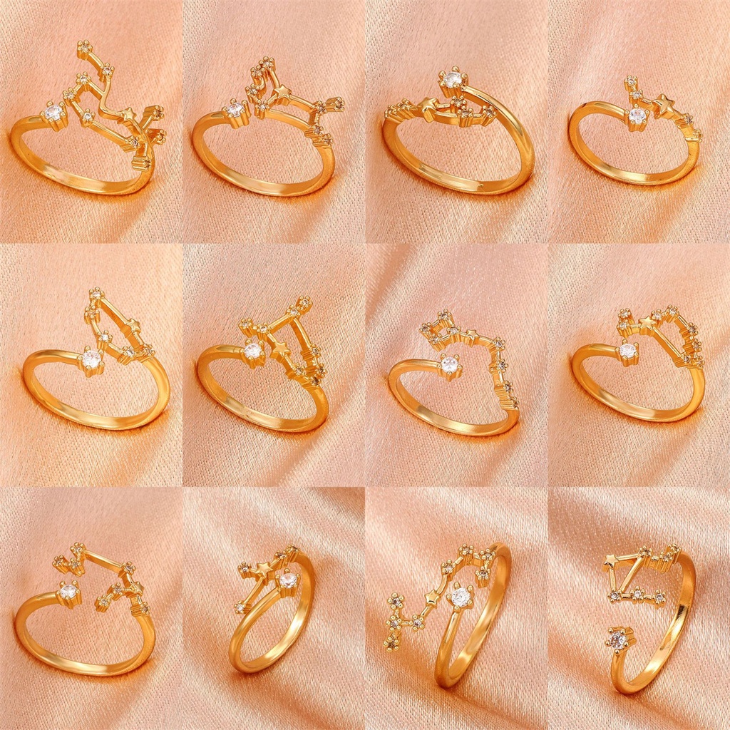 Dua Belas Rasi Bintang Fashion Wanita Cincin Air Berlian Bertatahkan Adjustable Logam Jari Rings