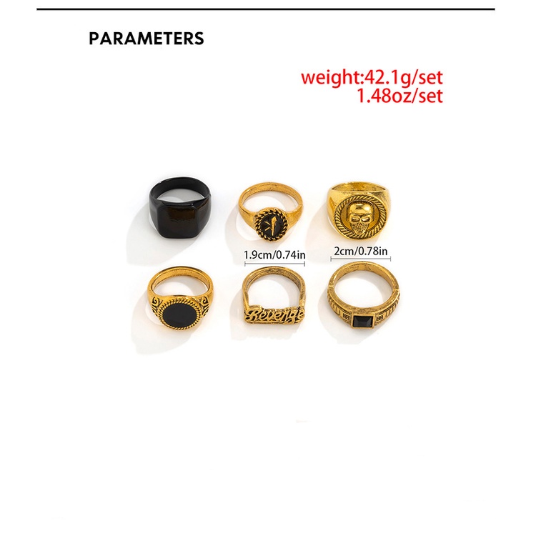 6pcs / set Cincin Bentuk Tengkorak Geometris Gaya Korea Retro Vintage Warna-Warni Untuk Pria