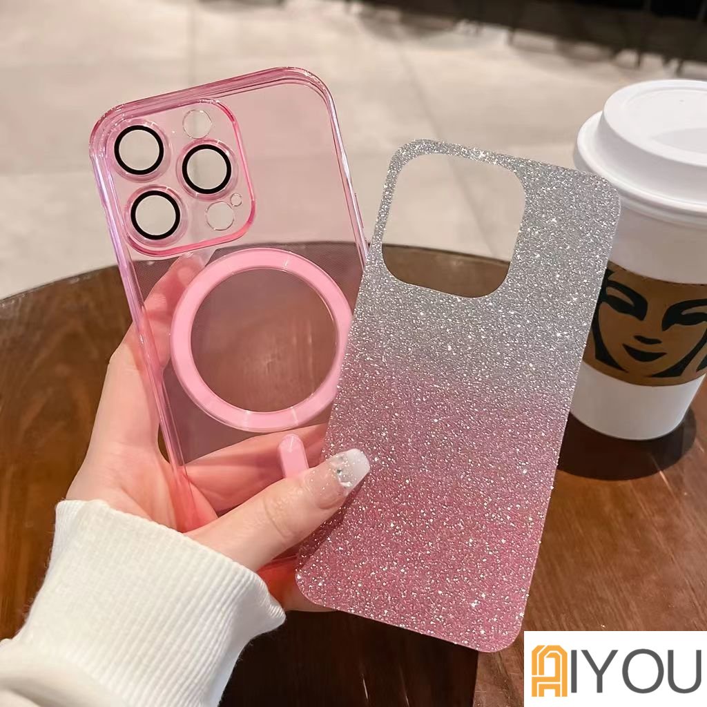 Casing Ponsel Transparan Gradasi Glittermagnetik Untuk iPhone 1413pro max casing 12 pro Max11 acrylic iP x xs max xr 7 8 plus+3m Tahan Guncangan Dan anti Jatuh Silikon Bening hard case