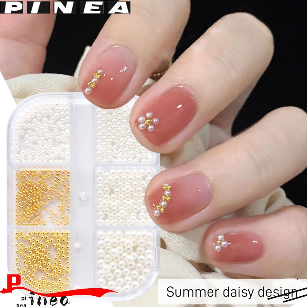 6 Grid / Kotak Manik-Manik Mutiara Berlian Imitasi Bentuk Setengah Lingkaran Warna Emas Untuk Aksesoris Manicure