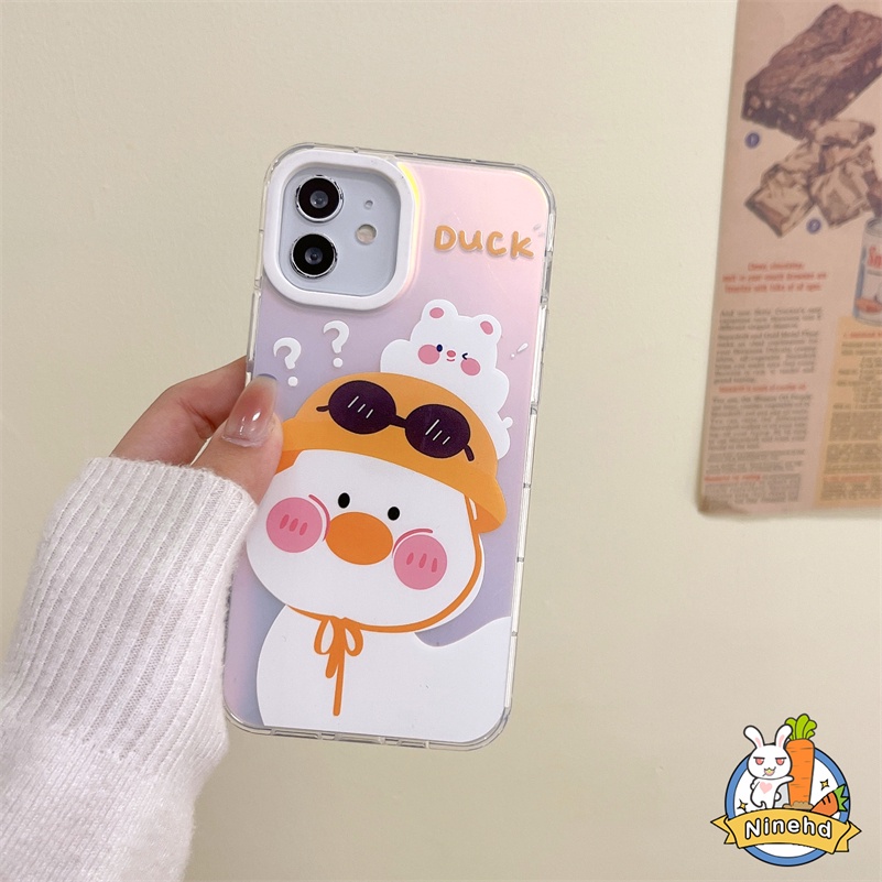 Casing Kompatibel untuk iPhone 14 13 12 11 Pro Max X Xr Xs Max 8 7 Plus SE 2020 Pola Bebek Lucu Bingkai Ponsel Karet Lembut Bingkai Laser Tombol Bening Tahan Guncangan Penutup Belakang TPU Lembut