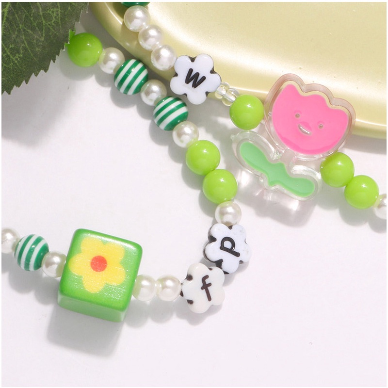 Gadis Musim Semi Bunga Tulip Kubus Hijau Manik-Manik Rantai Untuk iPhone Untuk Samsung Untuk OPPO Untuk VIVO Untuk Huawei Untuk Redmi Untuk Xiaomi Ponsel Case Cover Anti Hilang Pendek Gelang Tali