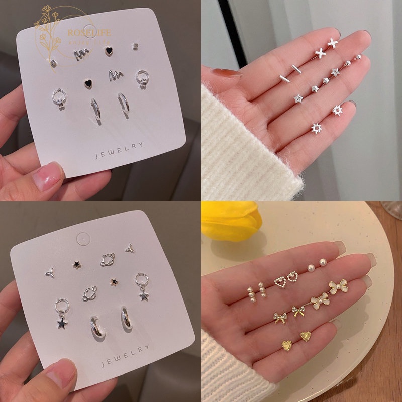 Roselife Korea S925 Perak 10 Pcs Mix Bintang Planet Stud Anting Set Untuk Wanita Perempuan Indah Hypoallergenic Anting-Anting Kecil Pakaian Sehari-Hari Perhiasan Hadiah