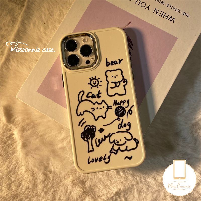 IPHONE Graffiti Lucu Kartun Beruang Ponsel Case Kompatibel Untuk Iphone11 14 13 12 Pro Max 8Plus 7Plus XR 87 Plus X XS Max Indah Kucing Anjing Logam Bingkai Lensa Lembut Tpu Cover