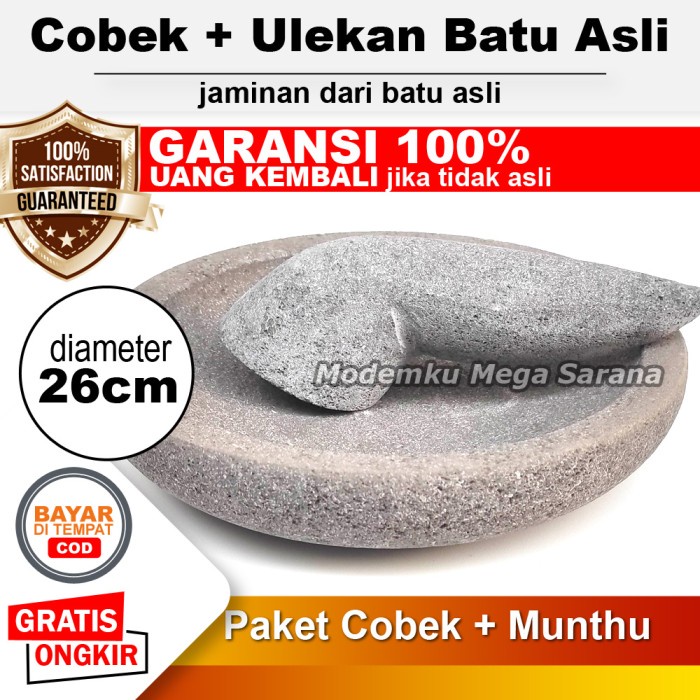Cobek Batu Asli Original + Ulekan Munthu Muntu Muntilan Merapi - 26 cm