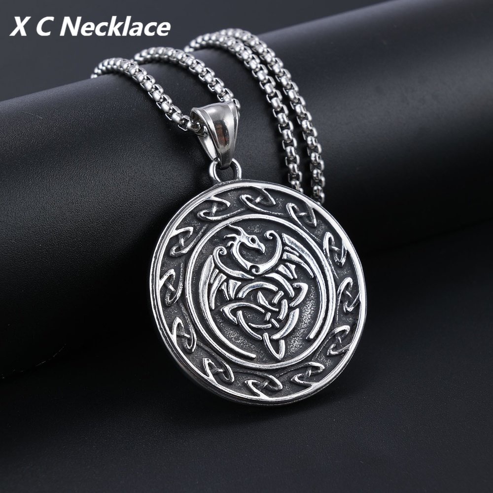 [X C Kalung] Baru Silvery Retro Celtic Naga Ukir Liontin Punk Hip Hop Stainless Steel Kalung Hadiah Pesta Ulang Tahun Untuk Pria Dan Wanita