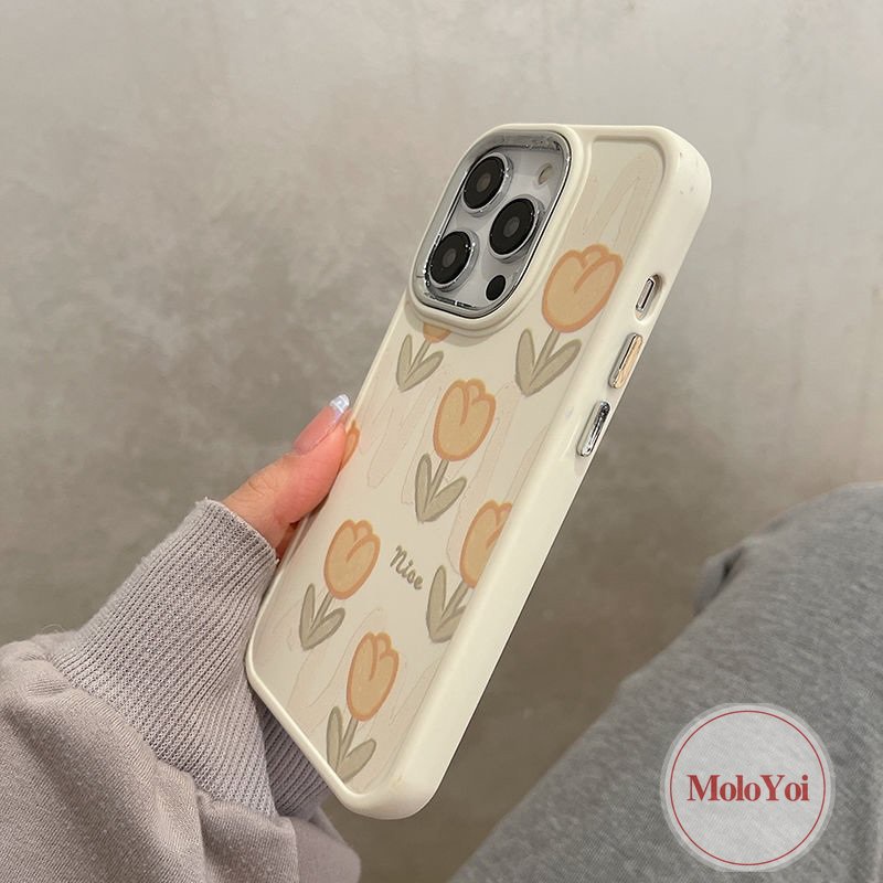 IPHONE Luxury Plating Electroplate Fresh Tulip Flower Phone Case Kompatibel Untuk Iphone11 14 12 13 Pro MAX 7plus 8plus XR X7 8 Plus XS MAX Frame Lensa Metal Shockproof Soft Cover