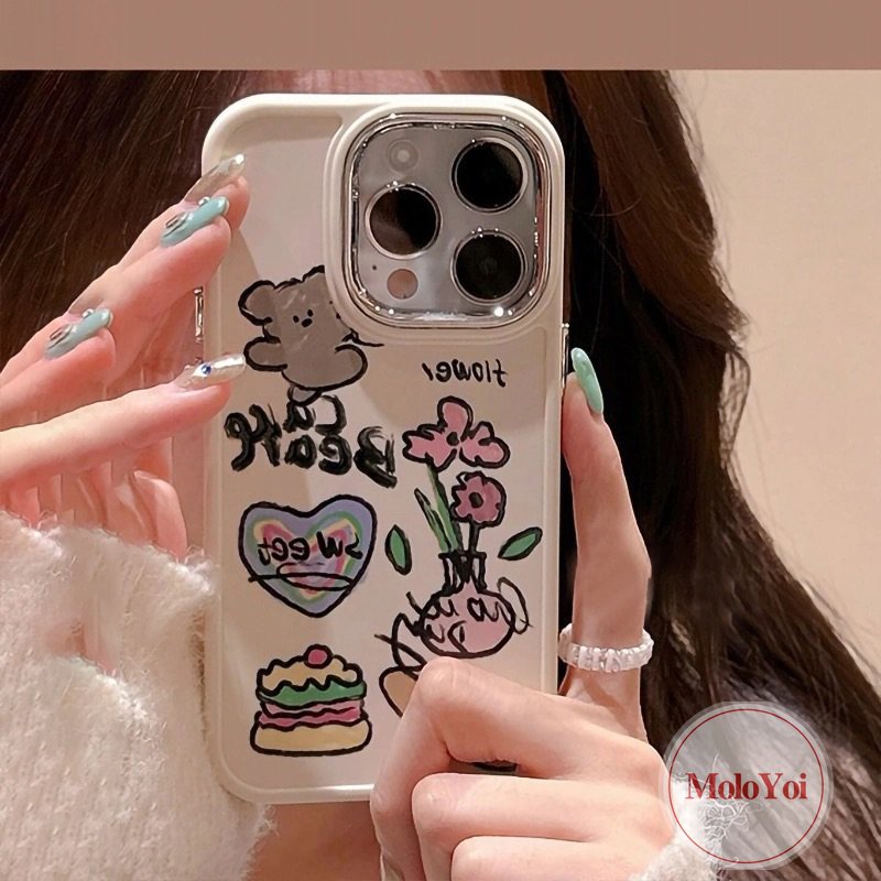 Cinta Hati Lucu Kucing Anjing Beruang Casing Ponsel Kompatibel Untuk IPhone 7Plus 11 13 14 12 Pro Max XR 87 Plus X XS Max Art Kartun Graffiti Bunga Plating Bingkai Lensa Logam Soft Cover