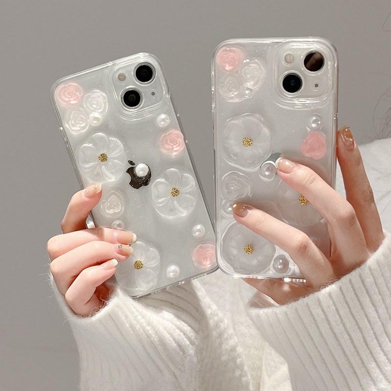 【Crystal resin】3D So Pretty Pink Pearl Flower Soft Case IPhone 7 8 Plus XR XS Max 11 12 13 14 Pro Max 14 Plus for Women Girl Gift