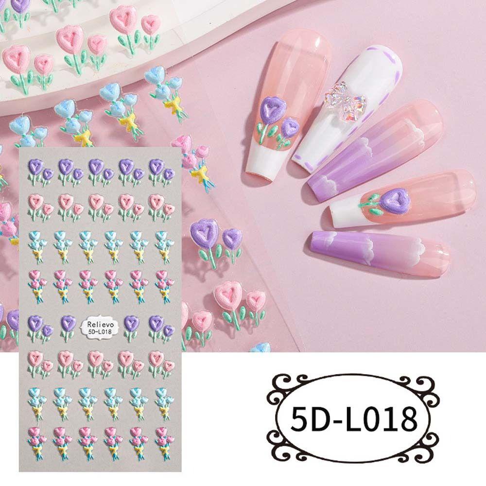 Needway Kartun Stiker Kuku 5D Relief Fashion Cinta Hati Senyum Anjing Self Adhesive Nail Dekorasi