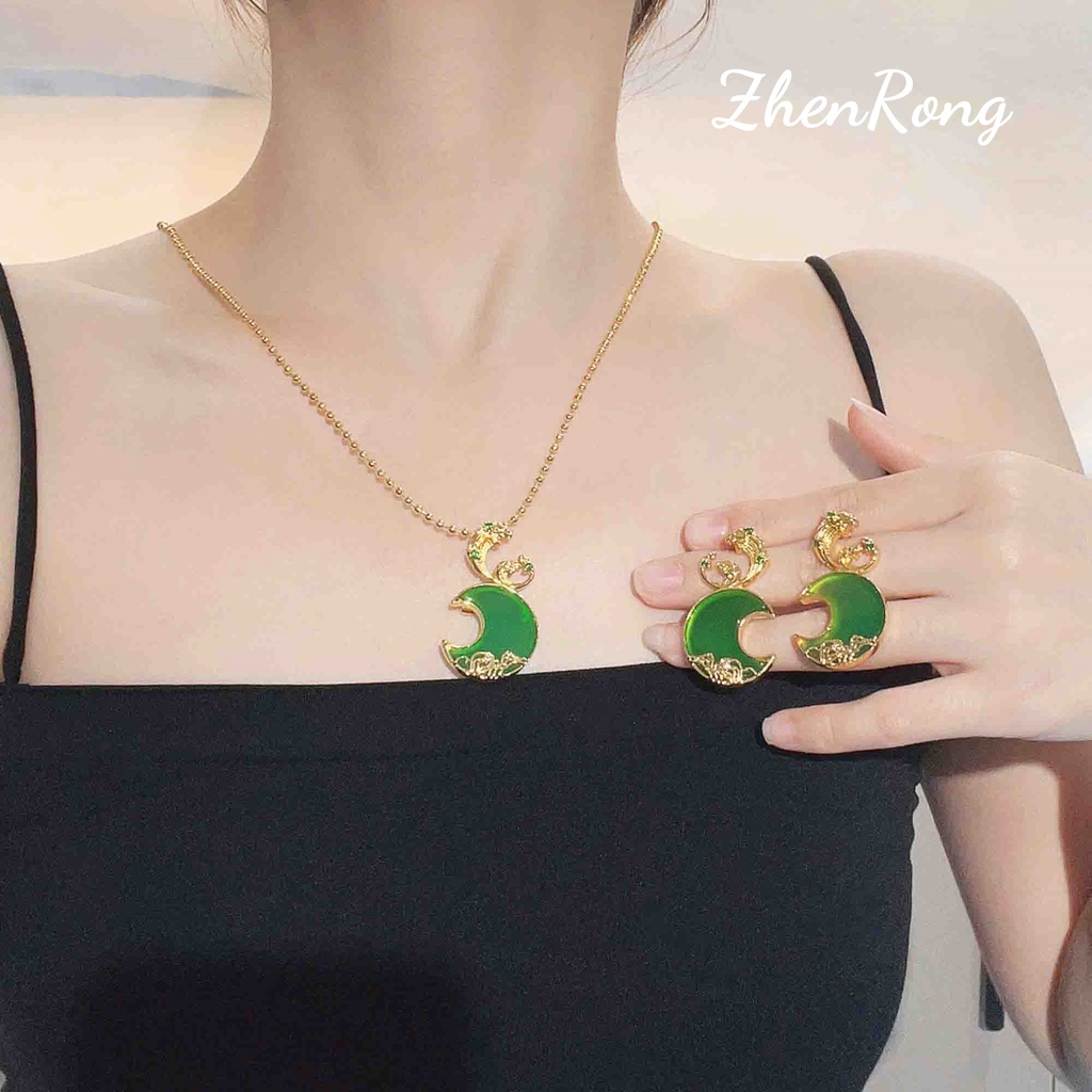 Goldkingdom Fashion Perhiasan Aksesoris Ready Stock Cinta Abadi Giok Kalsedon Kalung Bros Dengan Dua Liontin Batu Akik Giok Bulan Pasang Anting