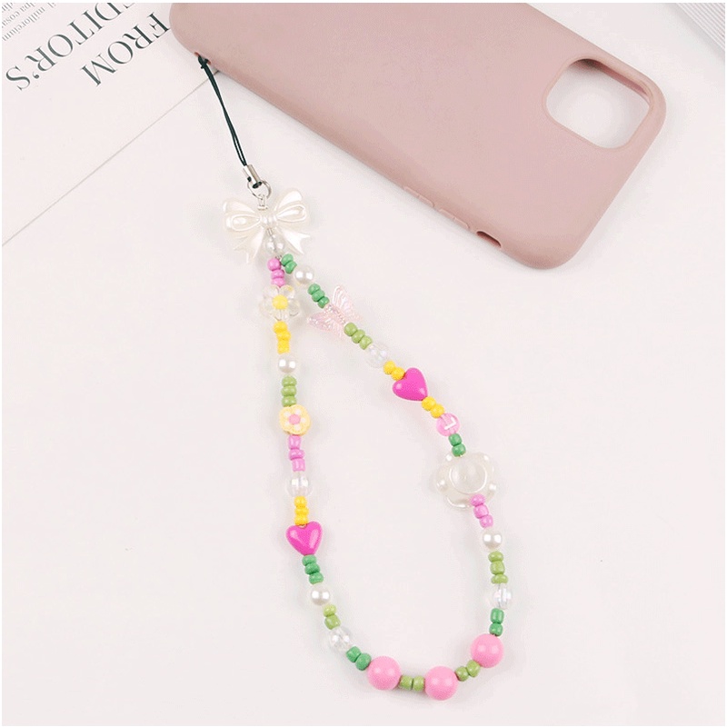 3d Pearlescent Camellia Beads Dengan Rantai Manik-Manik Kayu Universal Pendek Pergelangan Tangan Anti-Hilang Tali Untuk Semua Ponsel Case Bluetooth Earphone TWS Cover DIY