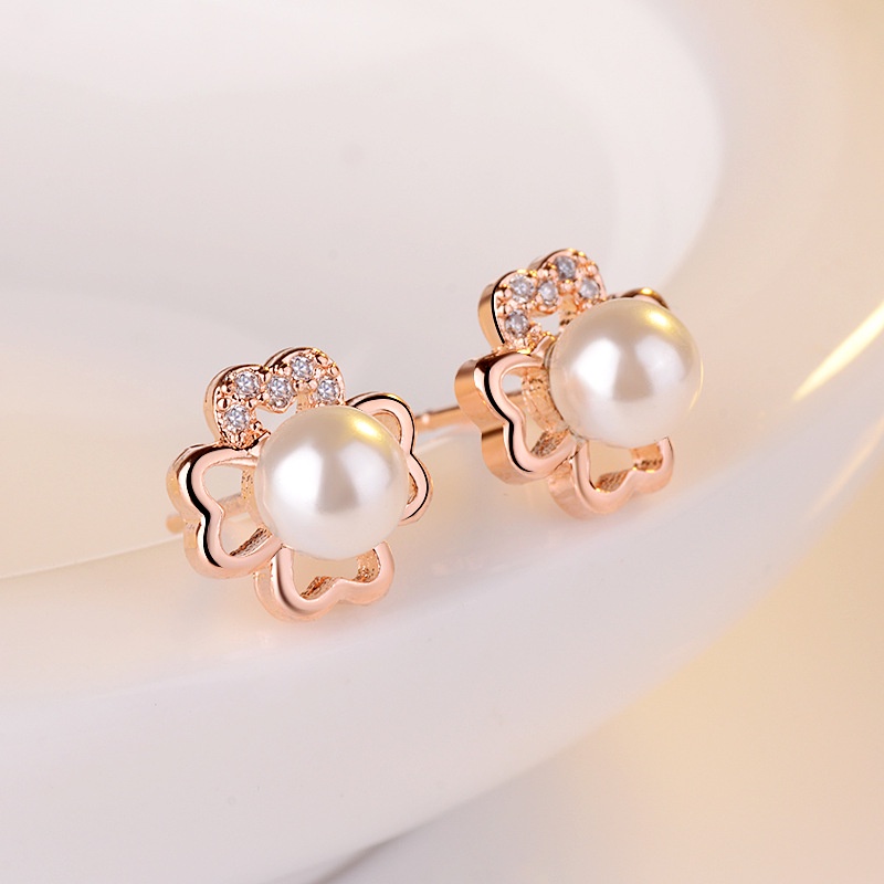 Goldkingdom Aksesoris Perhiasan Fashion Ready Stock Empat Daun Rumput Anting Mutiara, Berlian Perempuan Set Anting Mutiara Bulat, Rose Gold Pearl Earrings